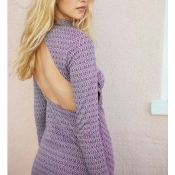 ZARA Jacquard Long Sleeve Cut Out Open Back Mini Dress Womens Small Purple Heart - Picture 2 of 16